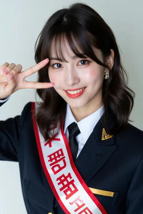 Create a portrait of a stunning Japanese female singer. She has a slender physique, medium bust, and slim legs. Her hair is medium-length. She is dressed in a Japanese police uniform as a one-day police chief, with a sash that reads "一日警察署長." Capture her s...