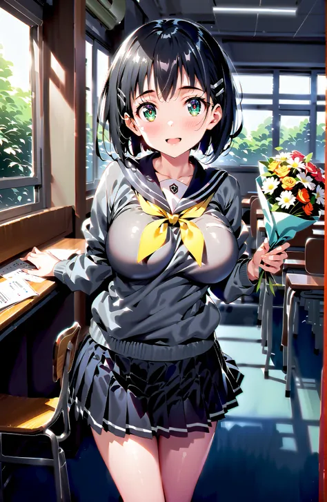 score_9, score_8_up, score_7_up, source_anime, Kirigaya Naoha , short hair, black hair, hair ornament, hair clip, green eyes,smile,blush,and open the mouth,Big Breasts,
school uniform, skirt for ears, pleated skirt for ears, sailor collar, black skirt for ...