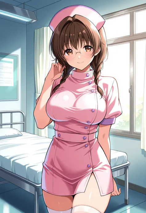 Score_9, score_8_up, score_7_up, source_anime, mizutani mai, solo, brown hair, short hair, twin braids, glasses, brown eyes, large breasts, (best quality), (high quality), {masterpiece}, extremely delicate and beautiful, ultra-detailed, beautiful detailed ...