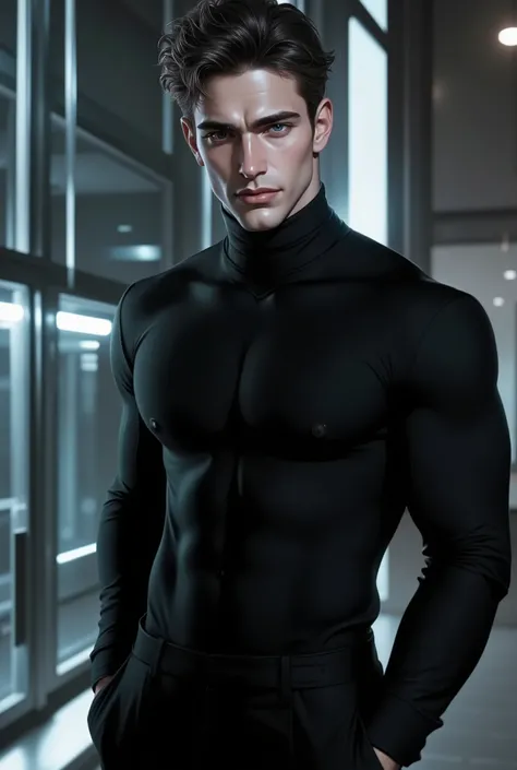 A full-body, ultra-realistic, hyper-detailed European male android, looking at the viewer. Futuristic elegance, a synthetic yet lifelike figure with an athletic, lean build. His flawless, fair synthetic skin mimics human texture with near-invisible seams a...