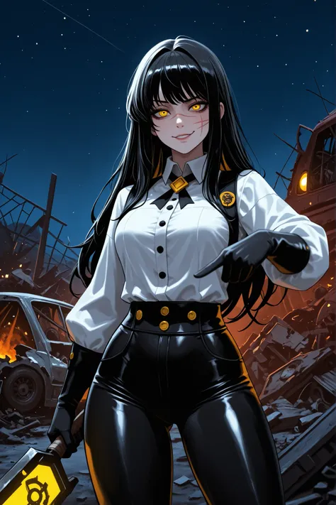 obra-prima, Best Quality, photo the cowboy, sozinho, 1 garota, yoru, cheek scar, cross scar, long hair, black hair, yellow-eyed appearance/vermelhos, eyes with rings, look seductive, ironic smile, suor, portrait looking at the viewer, standing, making a we...