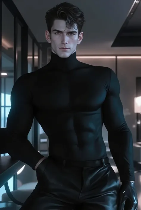 A full-body, ultra-realistic, hyper-detailed European male android, looking at the viewer. Futuristic elegance, a synthetic yet lifelike figure with an athletic, lean build. His flawless, fair synthetic skin mimics human texture with near-invisible seams a...