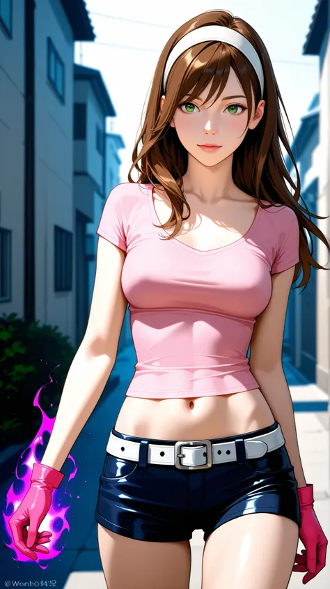 Half-body view of a beautiful woman with long brown hair and full spiky bangs, beautiful green eyes, medium chest, wear a white hairband, wear a pink shirt with scoop neck and short-sleeves, dark blue leather shorts with white belt, pink gloves, her shirt ...