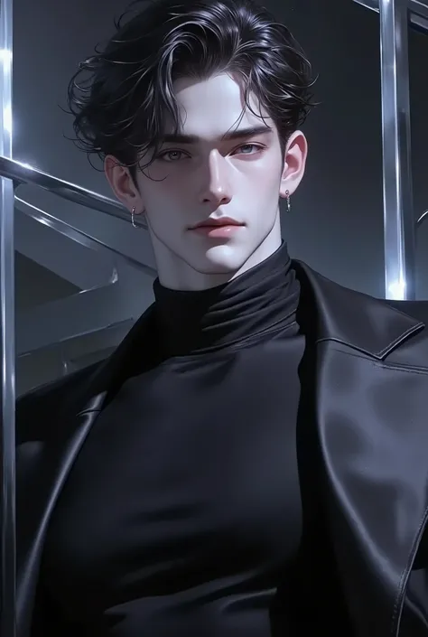 A full-body, ultra-realistic, hyper-detailed European male android, looking at the viewer. Futuristic elegance, a synthetic yet lifelike figure with an athletic, lean build. His flawless, fair synthetic skin mimics human texture with near-invisible seams a...