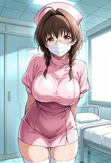 Score_9, score_8_up, score_7_up, source_anime, mizutani mai, solo, brown hair, short hair, twin braids, glasses, brown eyes, large breasts, (best quality), (high quality), {masterpiece}, extremely delicate and beautiful, ultra-detailed, beautiful detailed ...