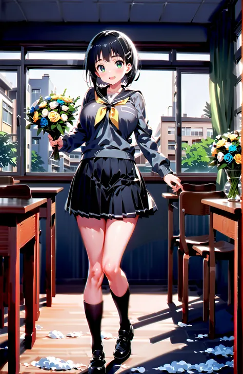 score_9, score_8_up, score_7_up, source_anime, Kirigaya Naoha , short hair, black hair, hair ornament, hair clip, green eyes,smile,blush,and open the mouth,Big Breasts,
school uniform, skirt for ears, pleated skirt for ears, sailor collar, black skirt for ...