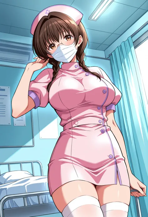 Score_9, score_8_up, score_7_up, source_anime, mizutani mai, solo, brown hair, short hair, twin braids, glasses, brown eyes, large breasts, (best quality), (high quality), {masterpiece}, extremely delicate and beautiful, ultra-detailed, beautiful detailed ...