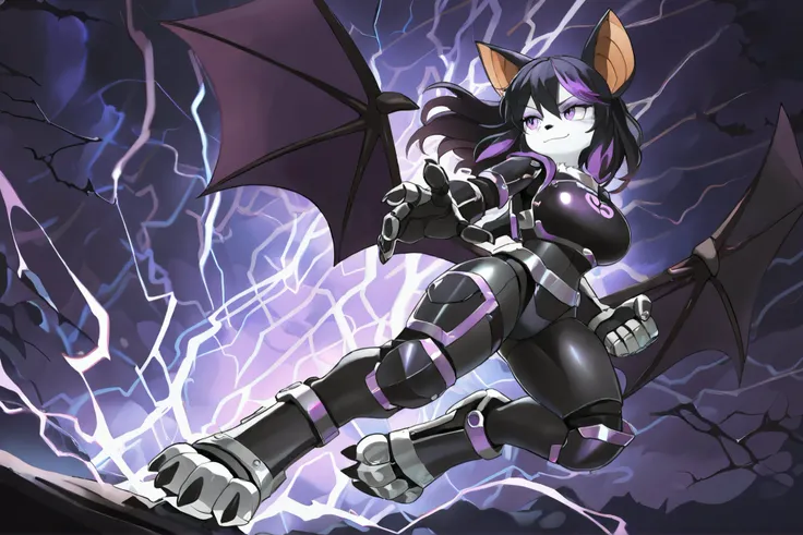 masterpiece, best quality, anime style, anime shading, full body picture, buxom body type, centered, three-quarters view, by plive, 1girl, anthro, furry female, fox female, white fox, (bat ears:1.5), purple eyes, ((long black hair with purple highlights:1....