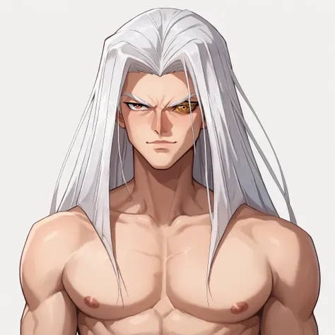 (masterpiece), (best quality), male, masculine male, 1boy  mpeg_ygo, long white hair, (millenium eye:1.3), shirtless, toned body, golden eye, seductive pose, 