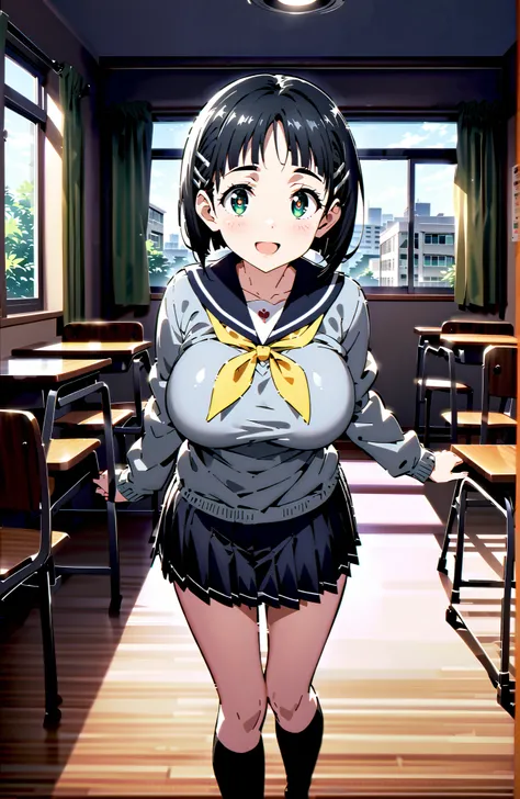  Kirigaya Naoha , solo,short hair, black hair, hair ornament, hair clip, green eyes,smile,blush,and open the mouth,Big Breasts,
school uniform, skirt for ears, pleated skirt for ears, sailor collar, black skirt for ears, Sailor Suit, long sleeve, neckerchi...