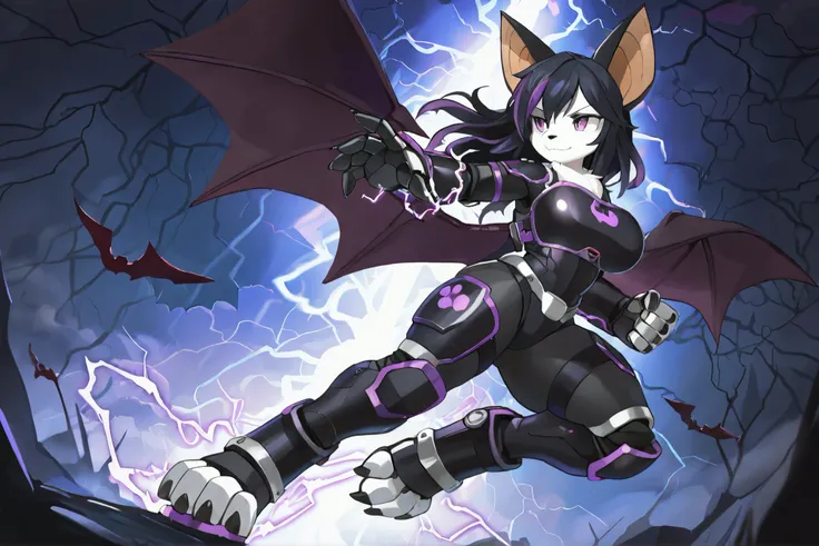 masterpiece, best quality, anime style, anime shading, full body picture, buxom body type, centered, three-quarters view, by plive, 1girl, anthro, furry female, fox female, white fox, (bat ears:1.5), purple eyes, perfect eyes, ((long black hair with purple...