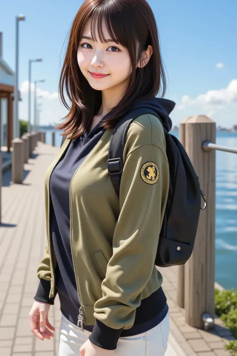 misaki, huge breast, by adjusting the framing so the subject's full head is visible within the composition, with the crop showing only from just above the bust to slightly above the top of the head. a highly detailed and realistic digital illustration of a...