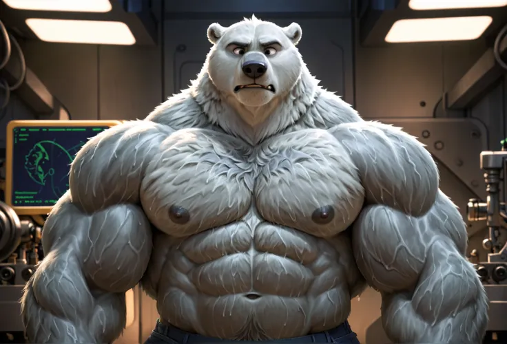 solo, 1boy, correct anatomy, perfect anatomy, (furry gray polar bear,) big gray eyes, wide chest, bulky, bulk, rippling, growling. Huge Muscular polar bear as the incredible gray hulk, transforming, blue tattered shorts, pectoral, thick gray arms, huge pec...