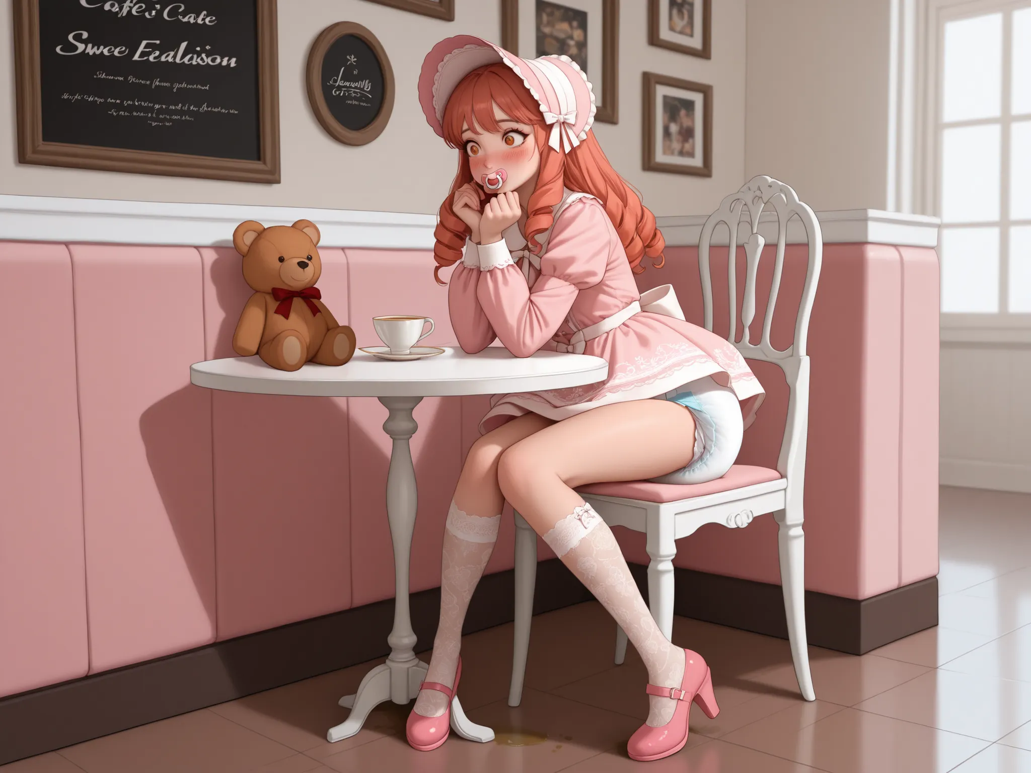 masterpiece, very awa, best quality, amazing quality, very aesthetic, absurdres, newest, intricate details, realistic, ((wide shot:1.4)), indoors, cafe, table, solo focus, from side, full body, 1girl, perfect face, fair skin, blush, amber eyes eyes, wide e...