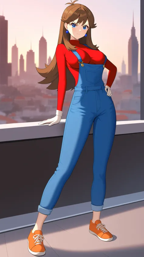 ((best quality)), ((masterpiece)), ((details)), 1girl, two legs, two arms, orange brown hair color, long hair, blue eyes, Big Breasts, tall, Slim Figure, anime coloring book, angry face, pose where you put your hands on your hips, red long sleeve shirt, b...