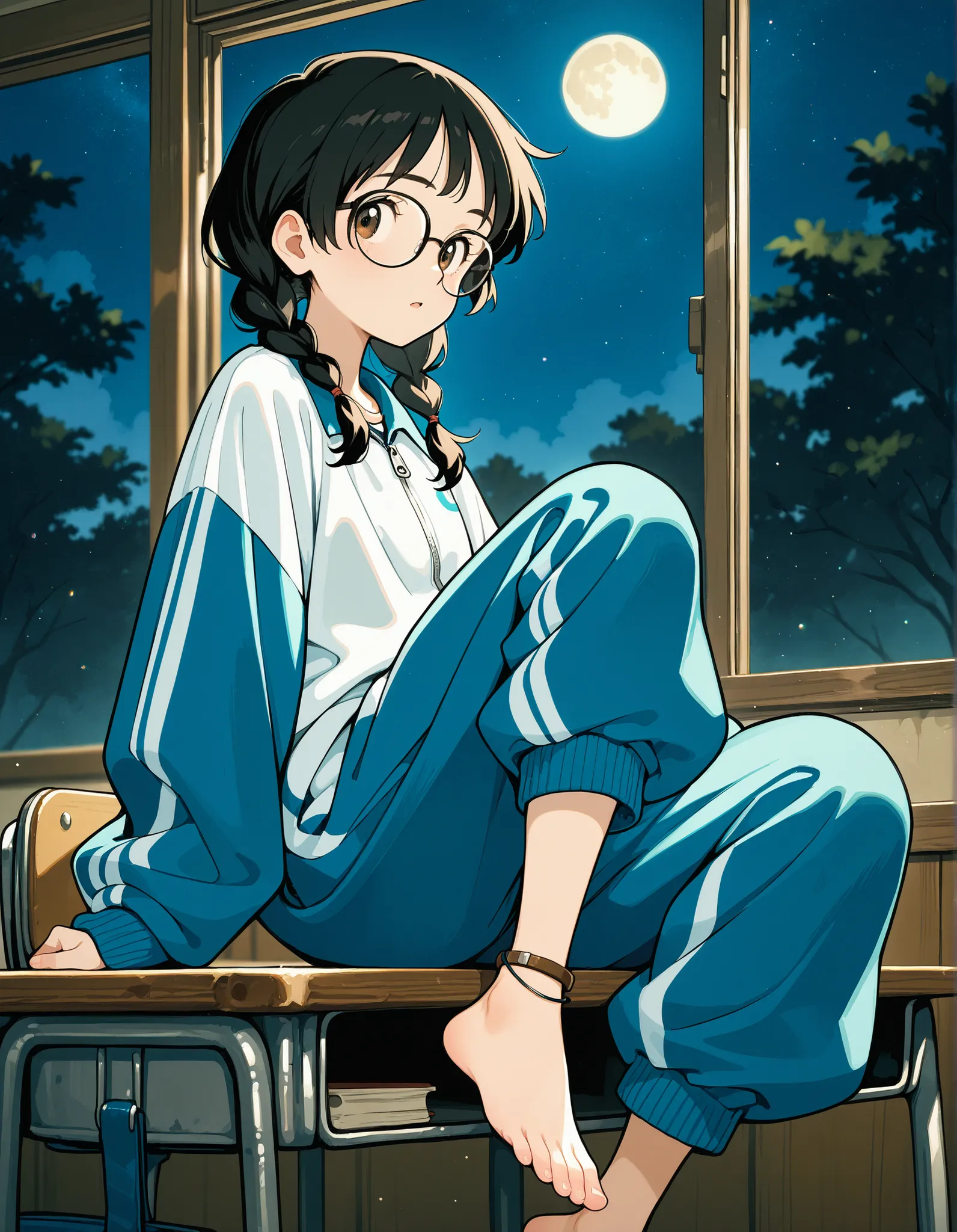 masterpiece, best quality, (studio ghibli:1), (studio ghibli \(style\):1), 1girl,solo,black hair,baggy blue and white track suit,glasses,black hair,low twin braids,bangs,sidelocks, desk,sitting on desk,barefoot,anklet,classroom,window,night,moon,brown eyes...