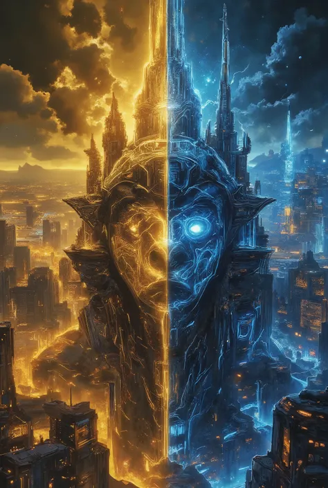 (( Colossal Futuristic City, a true conceptual and surreal work of art, half of the city is gold and the other is blue at a viewing angle of 60 º from bottom to top and with an inclination of 15 º from left to right))