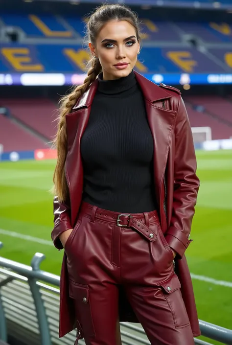 Isabella, gorgeous woman as a soccer pundit, ponytail hair, wearing a wine red leather trench coat, a black turtleneck zipper top and wine red leather oversized baggy cargo pants with many pockets, belt, perfect body, on the sideline of a soccer field in a...