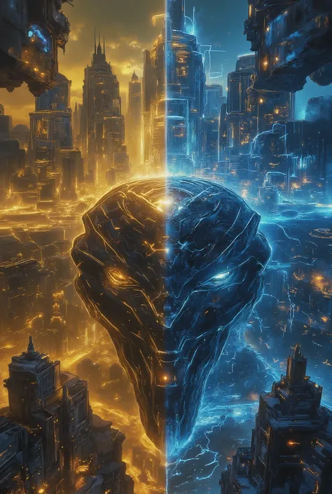(( Colossal Futuristic City, a true conceptual and surreal work of art, half of the city is gold and the other is blue at a viewing angle of 60 º from bottom to top and with an inclination of 15 º from left to right))