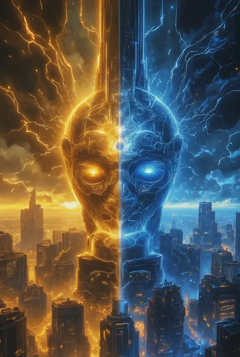 (( Colossal Futuristic City, a true conceptual and surreal work of art, half of the city is gold and the other is blue at a viewing angle of 60 º from bottom to top and with an inclination of 15 º from left to right))