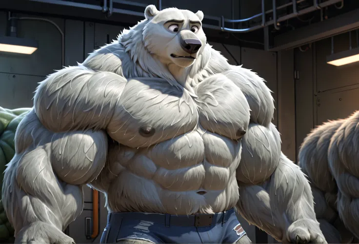 solo, 1boy, correct anatomy, perfect anatomy, (furry gray polar bear,) big gray eyes, wide chest, bulky, bulk, rippling, growling. Huge Muscular polar bear as the incredible gray hulk, transforming, blue tattered shorts, pectoral, thick gray arms, huge pec...