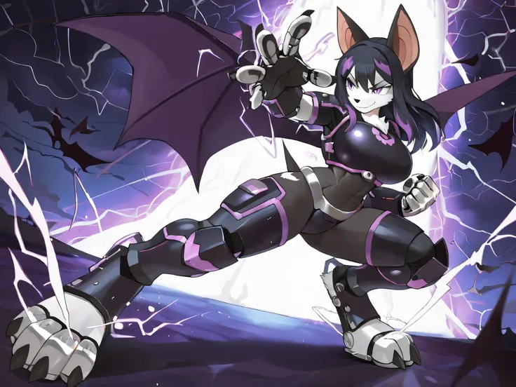 masterpiece, best quality, anime style, anime shading, full body picture, buxom body type, centered, three-quarters view, by plive, 1girl, anthro, furry female, fox female, white fox, (bat ears:1.5), purple eyes, ((long black hair with purple highlights:1....