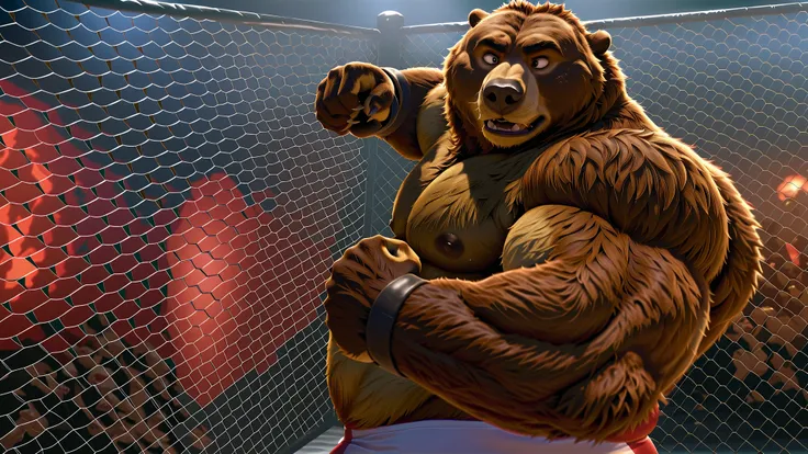 Huge muscular thick brown fur Grizzly Bear Wrestler shirtless in red shorts with white waistline and stripes, at the Fight tournament. Punching. MMA Wolf challenger. Fighting match. 8k, highly detailed, Zootopia