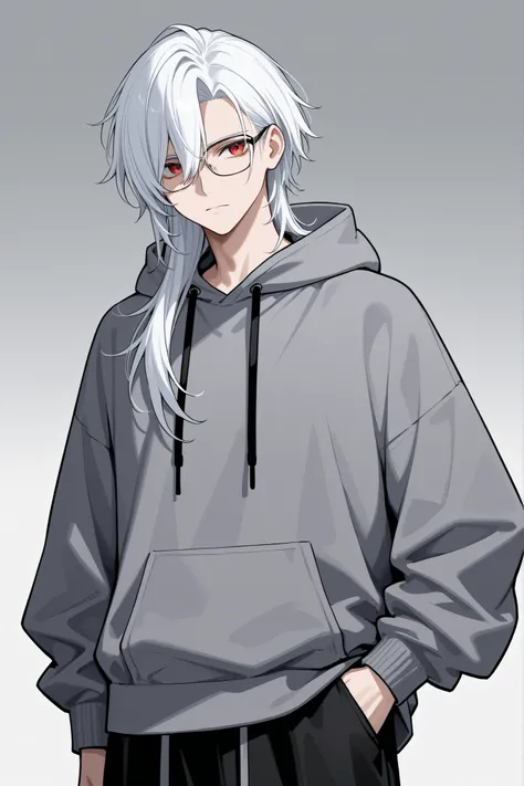 A man with long black and white hair, half covered in the upper part, red eyes, glasses, gray hoodie, black wide pants