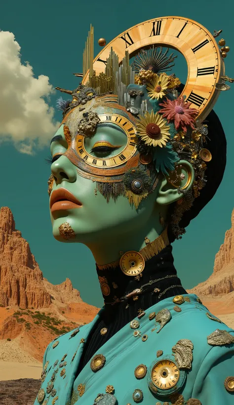 masterpiece, best quality, super res, 完璧な解剖学, female, detailed face,Android made with machine parts、Nature above the desert、sea、melting clock、perfect balance between Dali style and De Chirico style、bizarre、dramatic, dynamic, absurd, metaphysics 