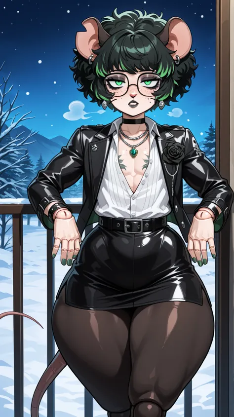 (Tall Twink), (six foot Tall height), (black curly afro with green highlights), (Green streaks in hair), (green eyes), (glowing iris), (black choker), (black leather bracelets), (Viking jewelry), (Black Rose Tattoo on right shoulder), (Silver necklace with...
