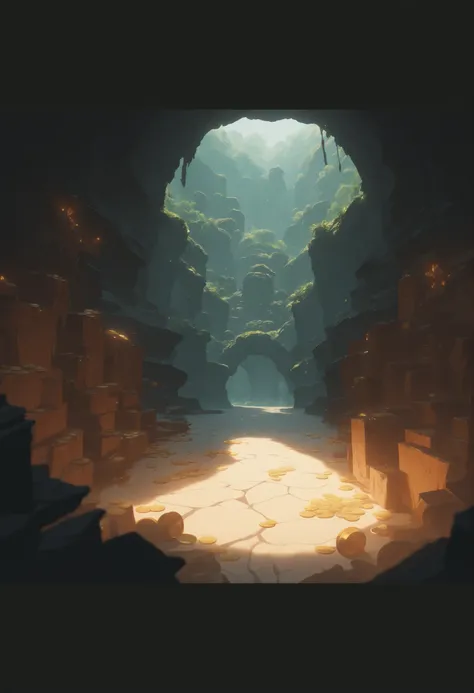 dungeon, cavern, slimes, coins, relics, explorer, detailed fantasy scene, dark atmosphere, dramatic lighting, moody colors, intricate textures, masterpiece, 8K, retro gaming, 16-bit, volumetric fog, glowing slimes, scattered gold coins, ancient stone relic...