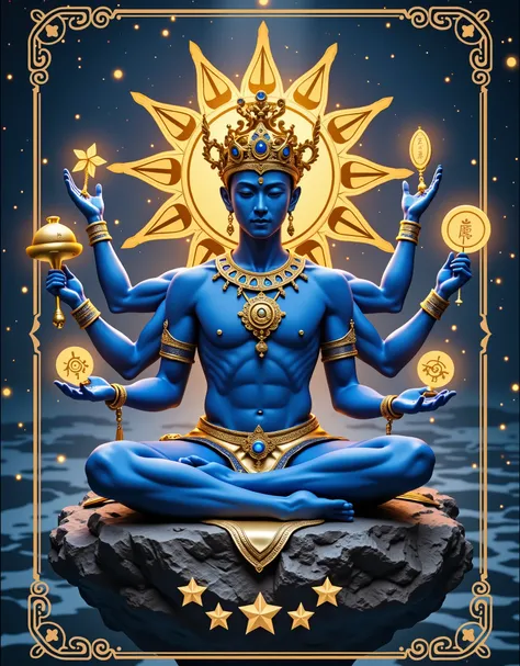 masterpiece, Reality, best quality, Ultra High Resolution, Blue and Gold Duet, Play cards , In the middle of the card is a disc of Asian male gods meditating, young, Handsome, Dark Blue Skin, [Six Arms ,Each hand holds a golden glowing treasure: Hand Ring...