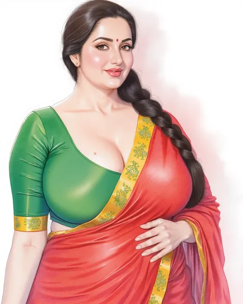((Centered composition, perfect framing, no cropping)), a high-quality watercolor painting by renowned artist Manimala, depicting a beautiful Indian woman, Ava Addams, with fair skin and long, dark hair styled in a single braid. She is wearing a stunning r...