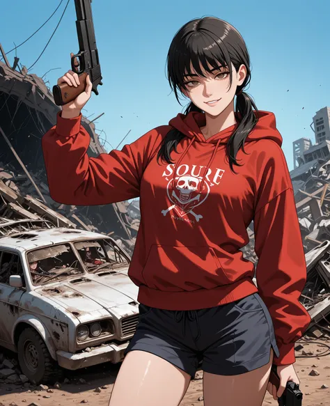obra-prima, Best Quality, photo the cowboy, sozinho, 1 garota, Mitaka Asa, long hair, low ponytails, brown eyes, look seductive, ironic smile, suor, portrait looking at the viewer, standing,  holding gun , firearm, hand up,  red sweatshirt, hood down, cord...