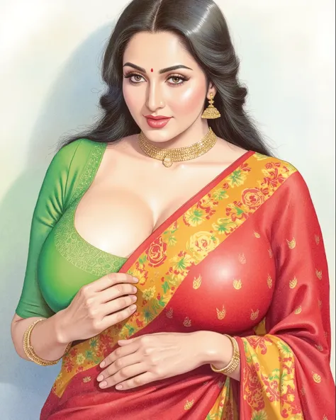 ((Centered composition, perfect framing, no cropping)), a high-quality painting by renowned artist Manimala, depicting a beautiful Indian woman, Ava Addams, with fair skin and long, dark hair styled in a single braid. She is wearing a stunning red saree ad...