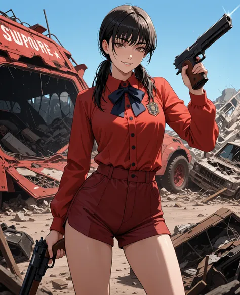 obra-prima, Best Quality, photo the cowboy, sozinho, 1 garota, Mitaka Asa, long hair, low ponytails, brown eyes, look seductive, ironic smile, suor, portrait looking at the viewer, standing,  holding gun , firearm, hand up,  red jersey, buttons, bow tie , ...