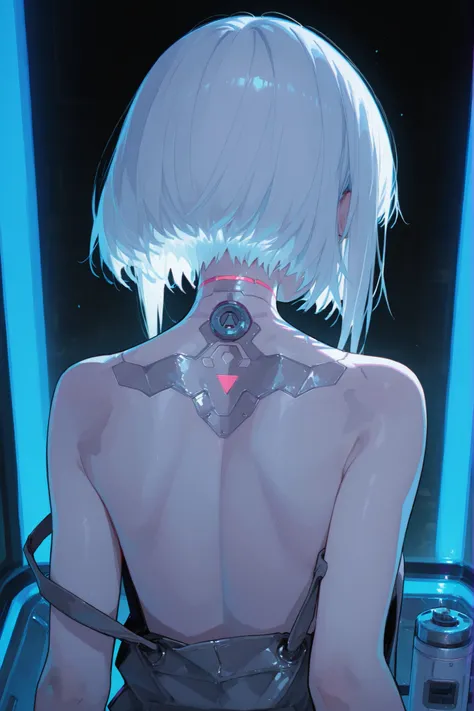 half body, naked, back shot, from behind, a futuristic cyberpunk girl with twin tail white hair, seen from the back. On her upper back, she has a sleek, small, ((inverted triangle-shaped white implant)), like tattoo. The implant looks like a ((soft plug-in...