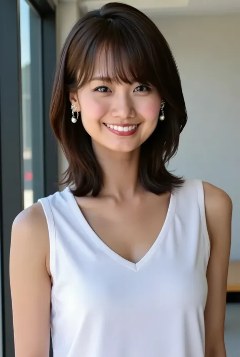 ((( High Resolution , top quality, very well detailed, masterpiece , highly detailed photos , realistic , Real people , Ultra precise skin ))) , , ( from the front ) , 上半身, Advance Shot , Viewer , ( giggle face ) , { wearing the sleeveless T-shirt...