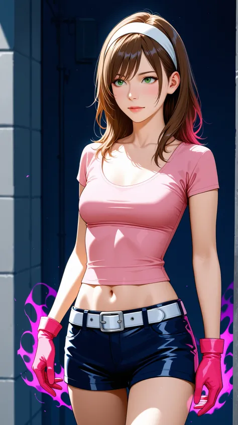 Half-body view of a beautiful woman with long brown hair and full spiky bangs, beautiful green eyes, medium chest, wear a white hairband, wear a pink shirt with scoop neck and short-sleeves, dark blue leather shorts with white belt, pink gloves, her shirt ...