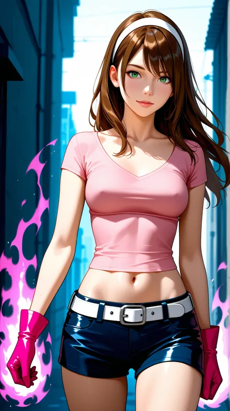 Half-body view of a beautiful woman with long brown hair and full spiky bangs, beautiful green eyes, medium chest, wear a white hairband, wear a pink shirt with scoop neck and short-sleeves, dark blue leather shorts with white belt, pink gloves, her shirt ...