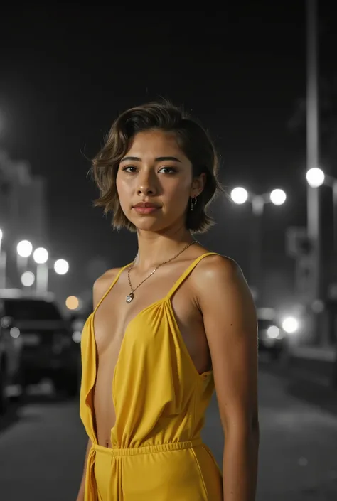 photo degrade, Em uma cena cinematográfica e black and white photo hiper-realista, Xochitl Gomez wearing yellow dress, at night, short messy glonde hair, fit body, normal fit legs, she's 40 years old, vintage photo