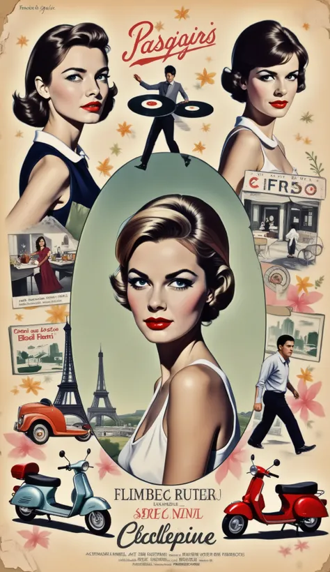 A stunning retro 1960s French magazine cover designed as an elegant collage. The composition features vintage black and white photos of chic French models and actors (inspired by Brigitte Bardot or Jean-Paul Belmondo), interspersed with colorful retro elem...