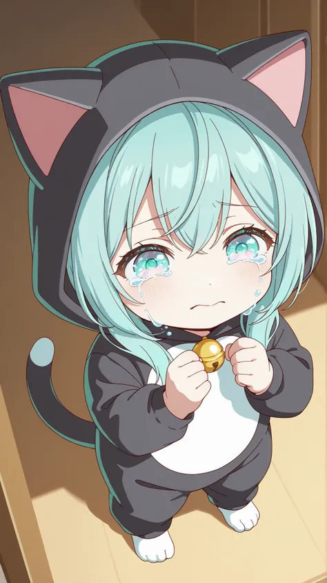 ultra high definition, baby,Aqua eye light Aqua hair, solo,baby,solo , cat ears cat costume,crying, stray cat