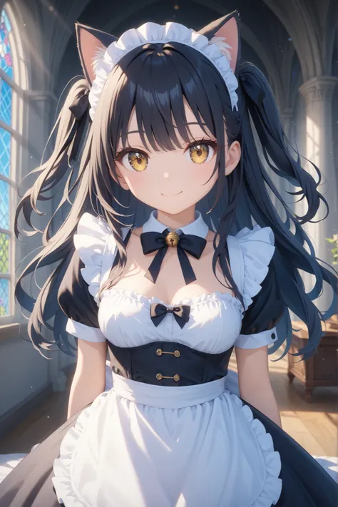 cat ear maid 、mysterious gothic castle
1 girl, soft smile、 long black hair、golden eyes, cute face 、strong contrast between mouth and nose、dramatic lighting on a cellular level、bright color、Strong brushstroke 、lens flare on the back , masterpiece, ...