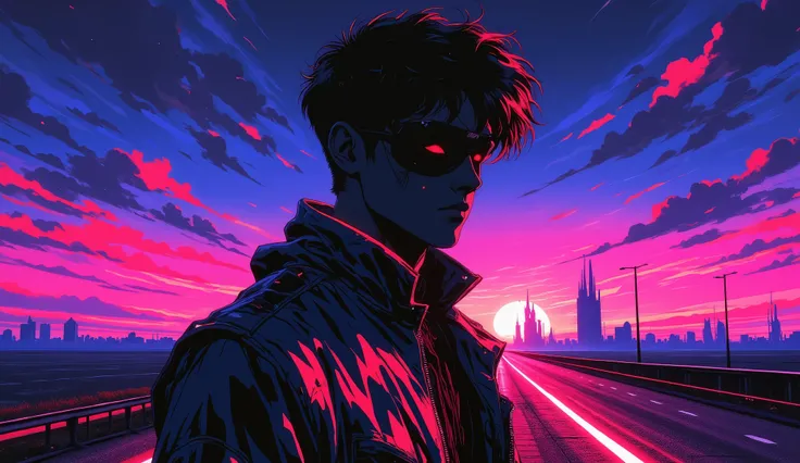hombre wearing a jacket from the 80s, On a highway at night, Estilo Synthwave, retro