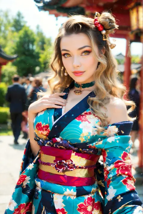 ((Dyed golden hair、golden eyes))real1peopleの45歳金髪女性正確な顔(beautiful 45 year old woman wearing a gorgeous kimono with a chrysanthemum pattern with her collar wide open and shoulders sticking out1people)with a very thin chin and big breasts1peopleの年配トップモデル体型((...