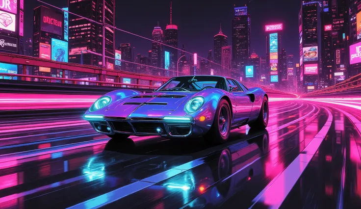 automóvil from the 80s, On a highway at night, Estilo Synthwave, retro