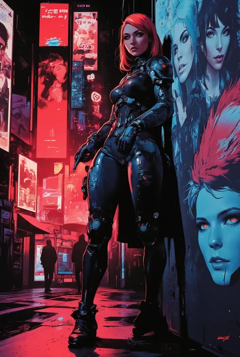 cyberpunk anime style, sci-fi female soldier in skin-tight battle armour, leaning against a wall on a cyberpunk street, with neon signs and large adverts featuring supermodels, red and black colour theme