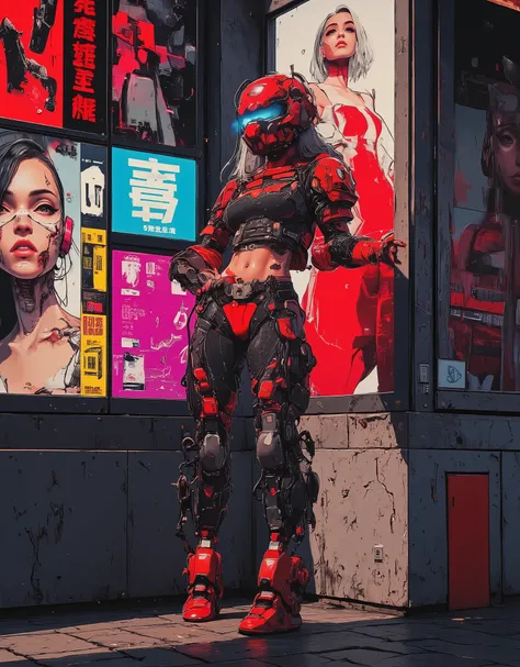 cyberpunk anime style, sci-fi female soldier in skin-tight battle armour, leaning against a wall on a cyberpunk street, with neon signs and large adverts featuring supermodels, red and black colour theme