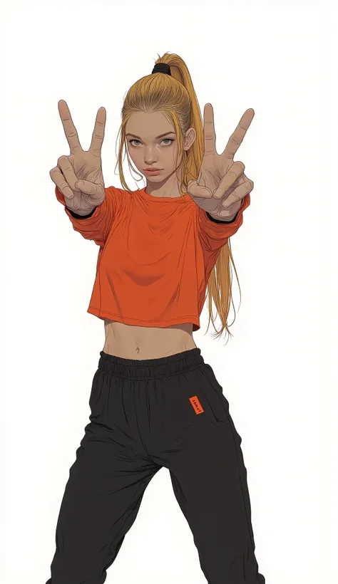 The setting is、I'm in a simple studio with a white background, I'm holding a tonfah facing the camera. A blond figure with a long ponytail poses in a dynamic pose {X} wearing a long-sleeved orange shirt and black athletic pants with red accents. A white ba...